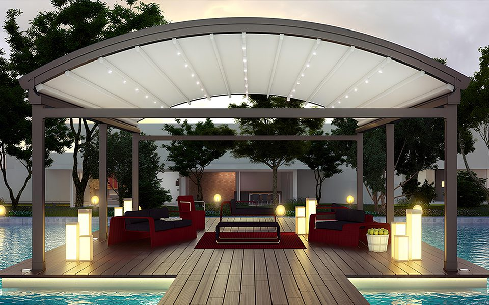 Motorized bioclimatic louvered pergola over a patio